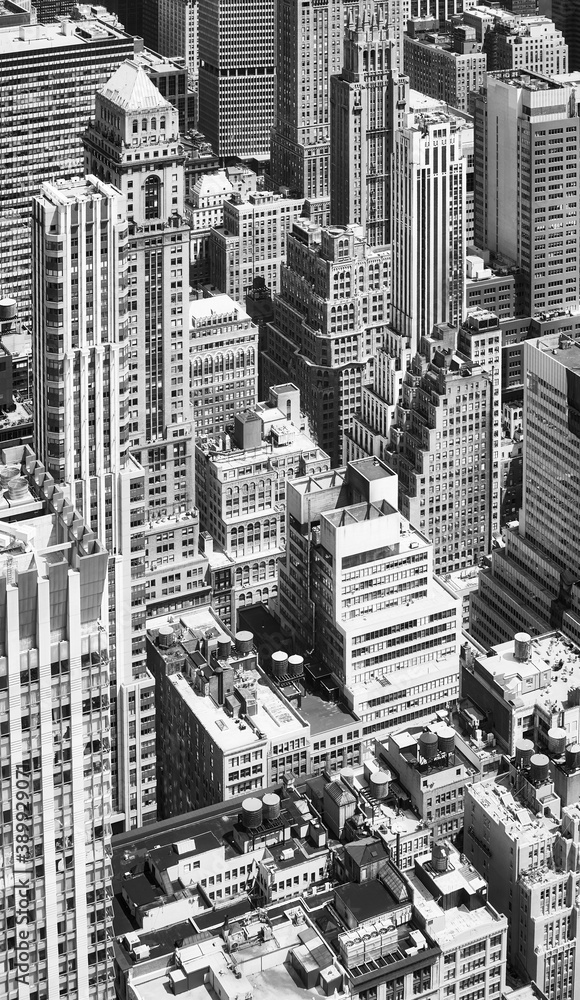 Black and white aerial picture of New York cityscape, USA.