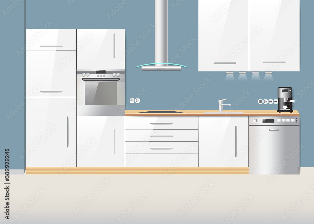 White kitchen interior with equipment concept vector ready for your use. White kitchen interior with equipment concept vector ready for your use.