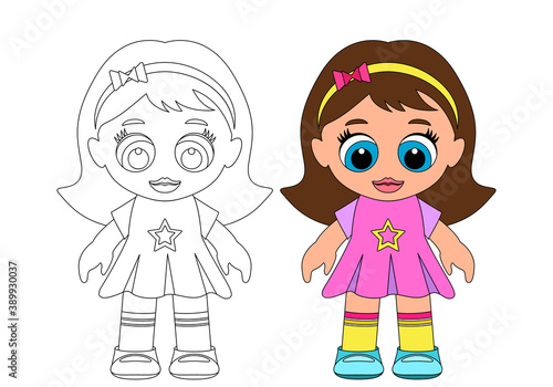 Beautiful doll in a dress for coloring with a sample.