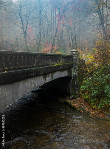 A bridge crosses a stream in the Blue Ridge Mountains on a foggy day.