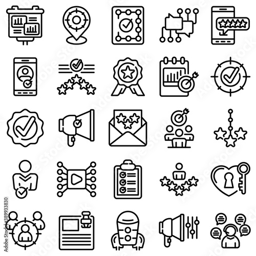Credibility icons set. Outline set of credibility vector icons for web design isolated on white background
