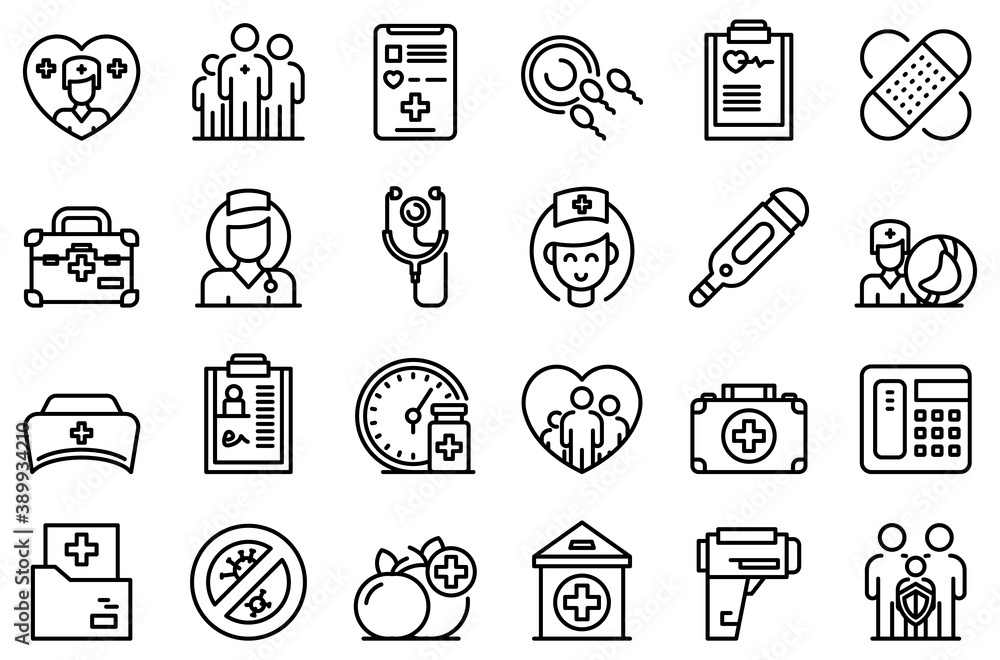 Family doctor icons set. Outline set of family doctor vector icons for web design isolated on white background Family doctor icons set. Outline set of family doctor vector icons for web design isolated on white background