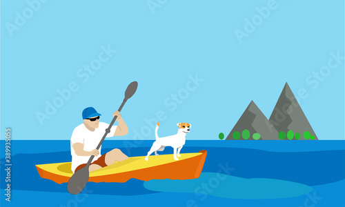 A rower and dog on kayak. Blue sea and mountains on the horizon