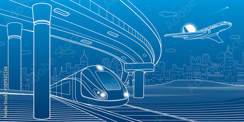 City scene. Automobile bridge, overpass. Airplane fly. Train rides. Night city at background. Electric transport. Outline vector infrastructure illustration