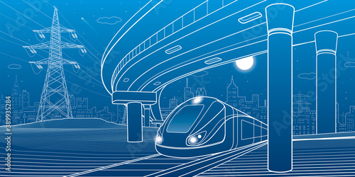 City scene. Automobile bridge, overpass. Train rides. Night city at background. Electric transport. Outline vector infrastructure illustration