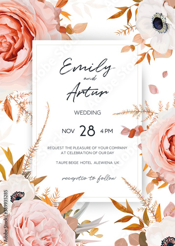 Vector elegant, stylish wedding invite, invitation card design. Chic bouquet frame: blush peach, pink rose flowers, white anemones and lush eucalyptus, fern leaves in autumn tones. Editable & isolated