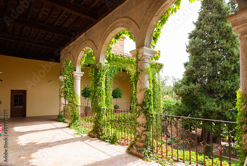 Hall of Monastery of Yuste with columns decorated with crawling plants in Spain photo