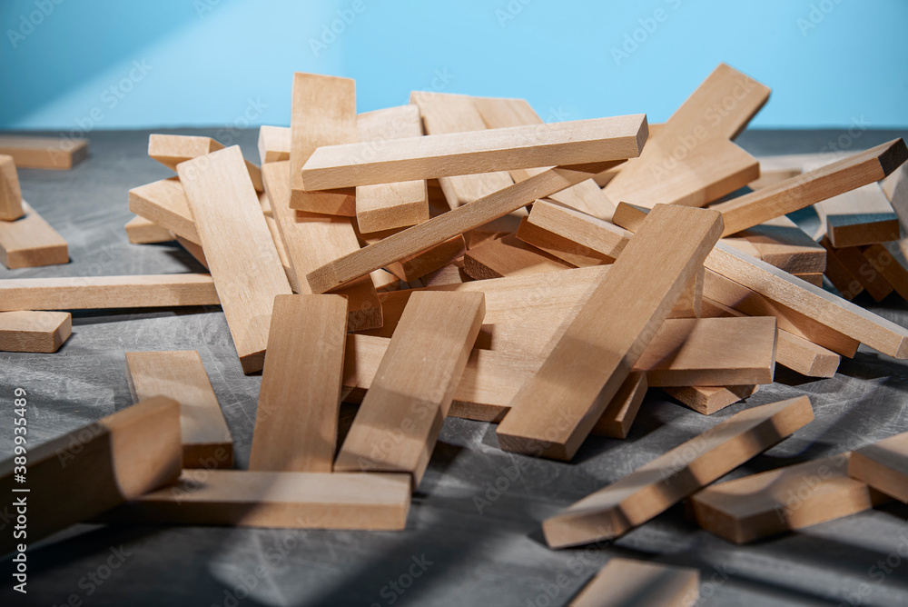 Randomly lying on the table wooden blocks for the game. Randomly lying on the table wooden blocks for the game.
