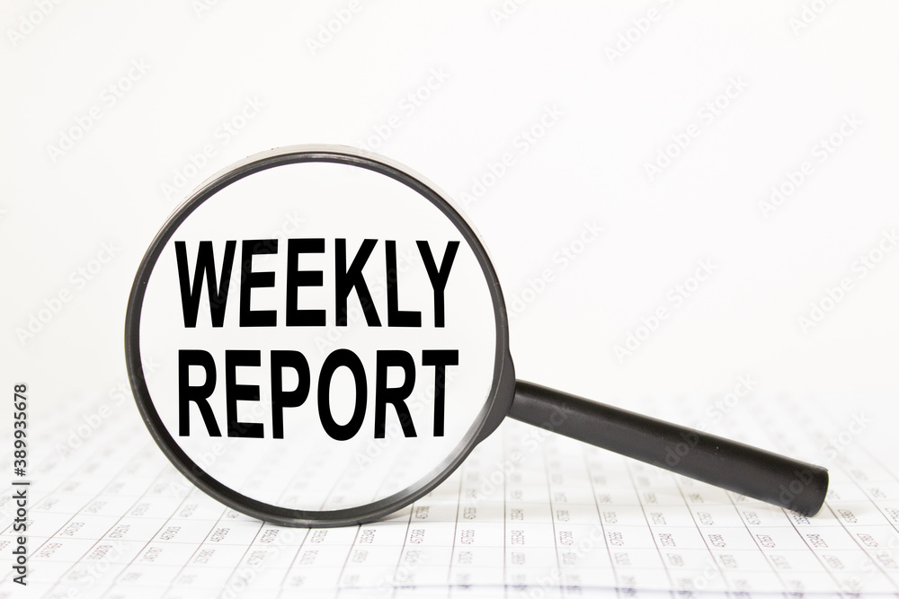 words WEEKLY REPORT in a magnifying glass on a white background. business concept words WEEKLY REPORT in a magnifying glass on a white background. business concept
