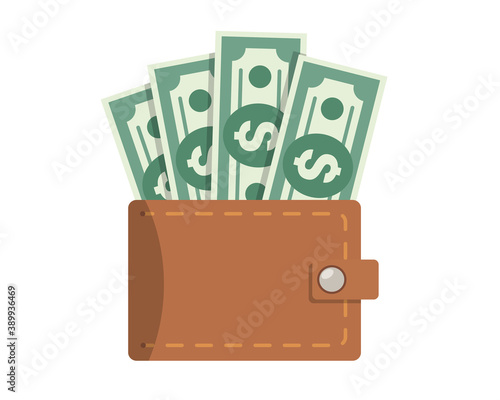 Wallet full of money. Dollar bills in a wallet. Business and finance illustration in flat style.