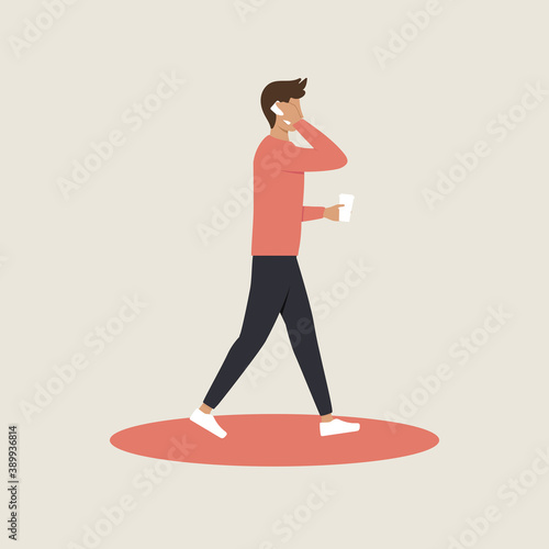 Young man with a coffee talking on the phone while walking. Male character in flat style. Minimalist vector concept illustration.