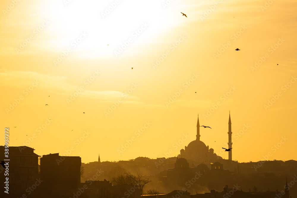 Fatih Mosque at sunset from Eminonu. Ramadan at Istanbul. Ramadan background. Islamic background photo. 