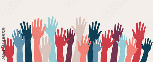 Group raised human arms and hands.Diversity multiethnic people. Racial equality. Men and women of different culture and countries. Coexistence harmony. Multicultural community integration