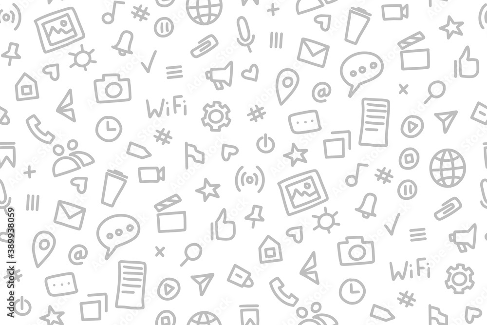 Social media seamless pattern doodle style. Vector illustration wits hand drawn icons