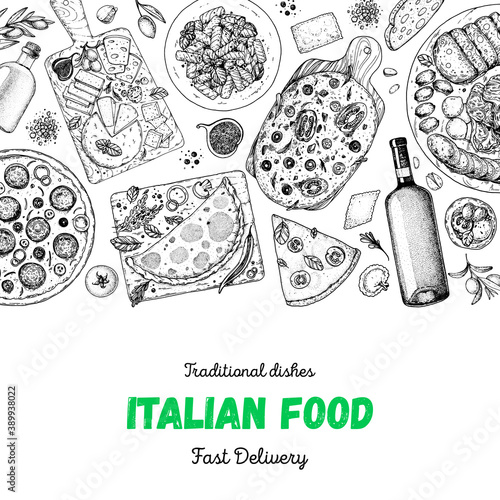 Italian Cuisine. Top view. Sketch illustration. Italian food. Design template. Hand drawn illustration. Black and white. Engraved style. Authentic dishes.