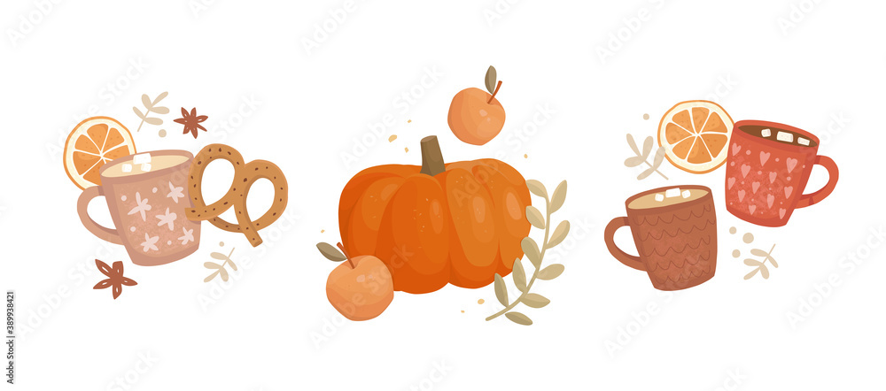 Set of hand-drawn vector illustrations. Vintage cups with a cute pattern. Coffee, cocoa, cappuccino, and marshmallows. Pumpkin and apples, orange slices. Holiday treats, street food. Hot drinks menu.