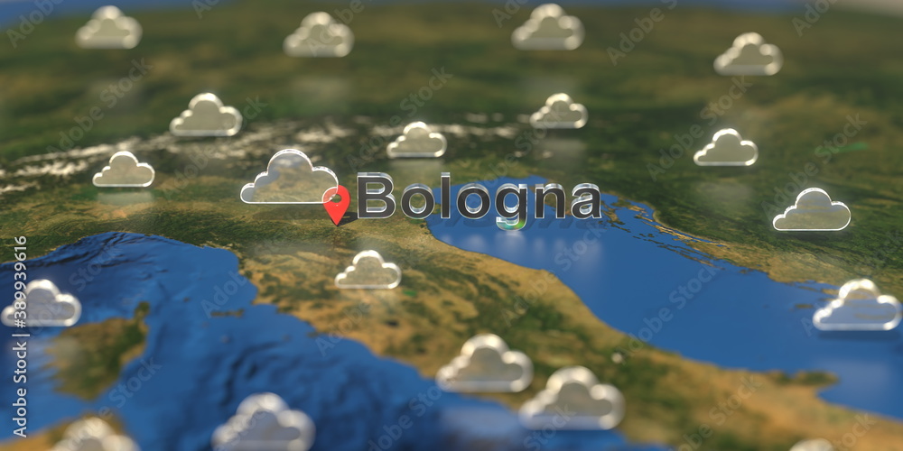 Bologna city and cloudy weather icon on the map, weather forecast related 3D rendering Bologna city and cloudy weather icon on the map, weather forecast related 3D rendering
