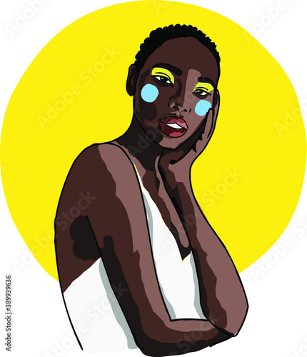 Afro American women fashion vector illustration. modern sketch beautiful dark-skinned girl. Contemporary art. black skin. Graphic line . makeup 