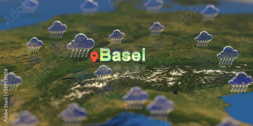 Basel city and rainy weather icon on the map, weather forecast related 3D rendering