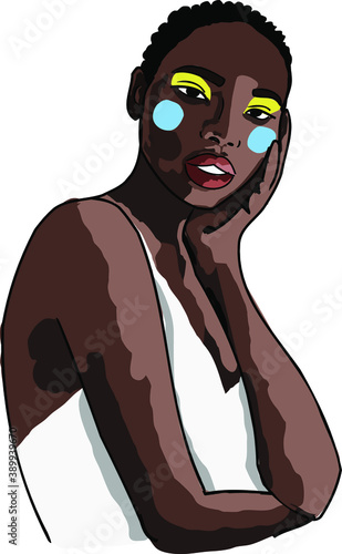 Afro American women fashion vector illustration. modern sketch beautiful dark-skinned girl. Contemporary art. black skin. Graphic line . makeup 
