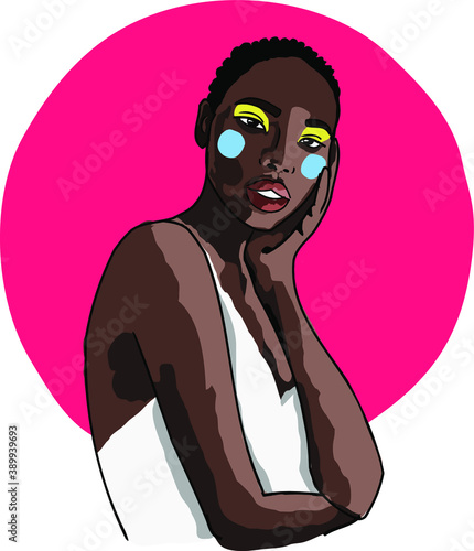Afro American women fashion vector illustration. modern sketch beautiful dark-skinned girl. Contemporary art. black skin. Graphic line . makeup 