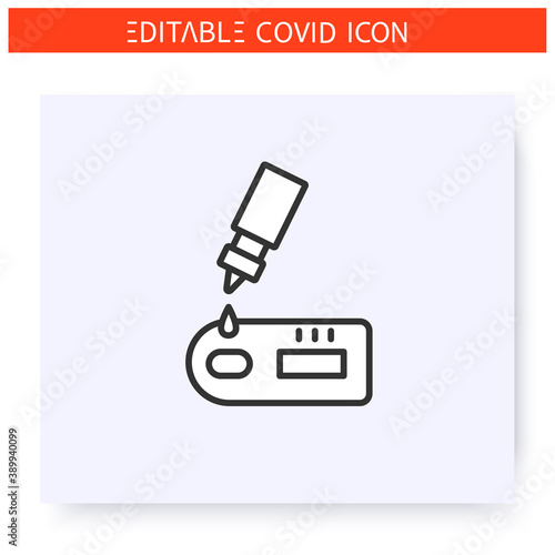 Covid19 rapid test line icon. Drop of reagent on the covid express test stick. Flu, covid diagnostics equipment. Reagent bottle. Laboratory analysis. Isolated vector illustration. Editable stroke 