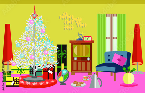 1950's living room at Christmas time cozy and mid century modern aluminum tree presents tea and cookies