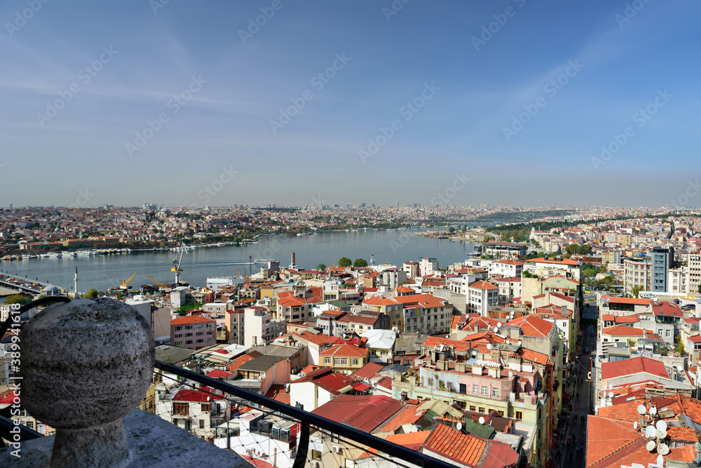 Skyline of Istanbul, as seen from Galata Tower. View of the Beyoglu District. Istanbul, Turkey.