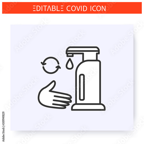 Sanitizer reuse line icon. Coronavirus home testing tutorial. Sanitizer dispenser. Hand disinfection. Sanitizer supplying. Coronavirus spread prevention. Isolated vector illustration. Editable stroke 
