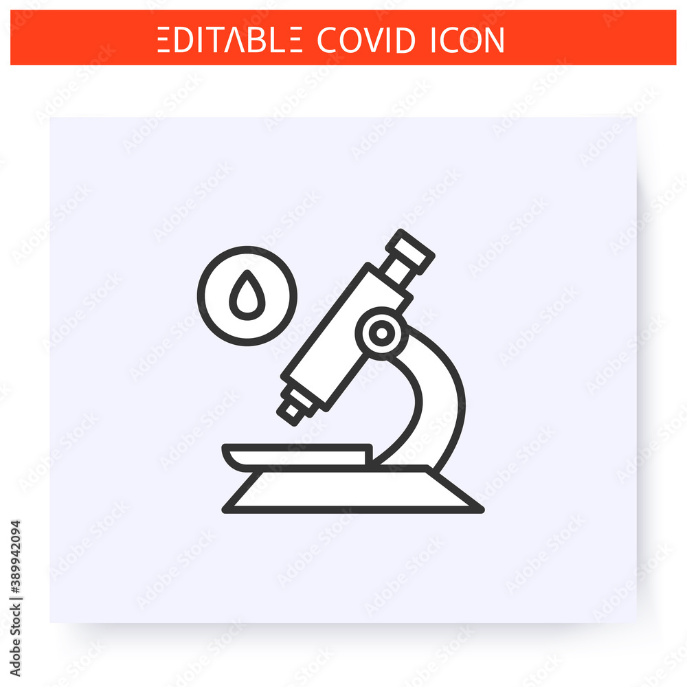 Blood analysis line icon. Drop under the microscope. Chemical research. Covid19 antibodies rapid test. Blood laboratory test. Water quality analysis. Isolated vector illustration. Editable stroke Blood analysis line icon. Drop under the microscope. Chemical research. Covid19 antibodies rapid test. Blood laboratory test. Water quality analysis. Isolated vector illustration. Editable stroke