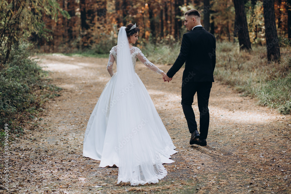 Walk of the bride and groom in the summer forest. Beautiful outdoor photo session. Walk of the bride and groom in the summer forest. Beautiful outdoor photo session.
