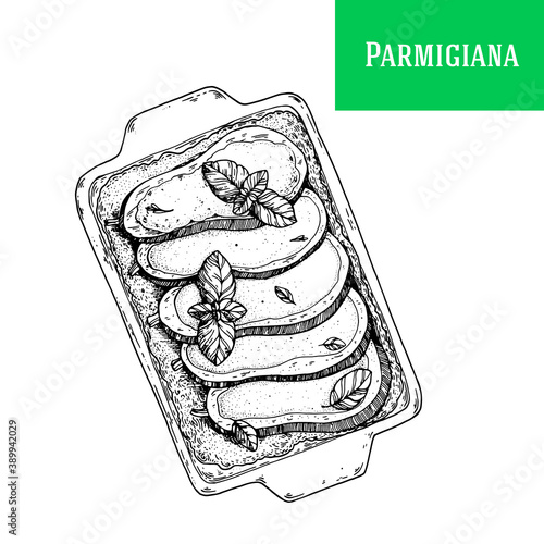 Parmigiana sketch vector illustration. Italian cuisine. Parmigiana dish. Hand drawn sketch illustration. Italian food. Top view.