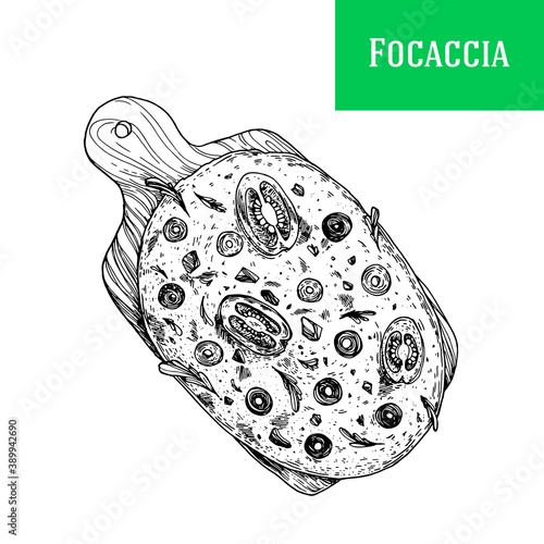 Italian focaccia hand drawn vector illustration. Focaccia top view. Sketch illustration.