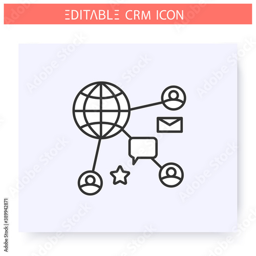 Social CRM line ion. Customers interaction through social media platforms. Automating workflow processes.Customer relationship management. Isolated vector illustration. Editable stroke