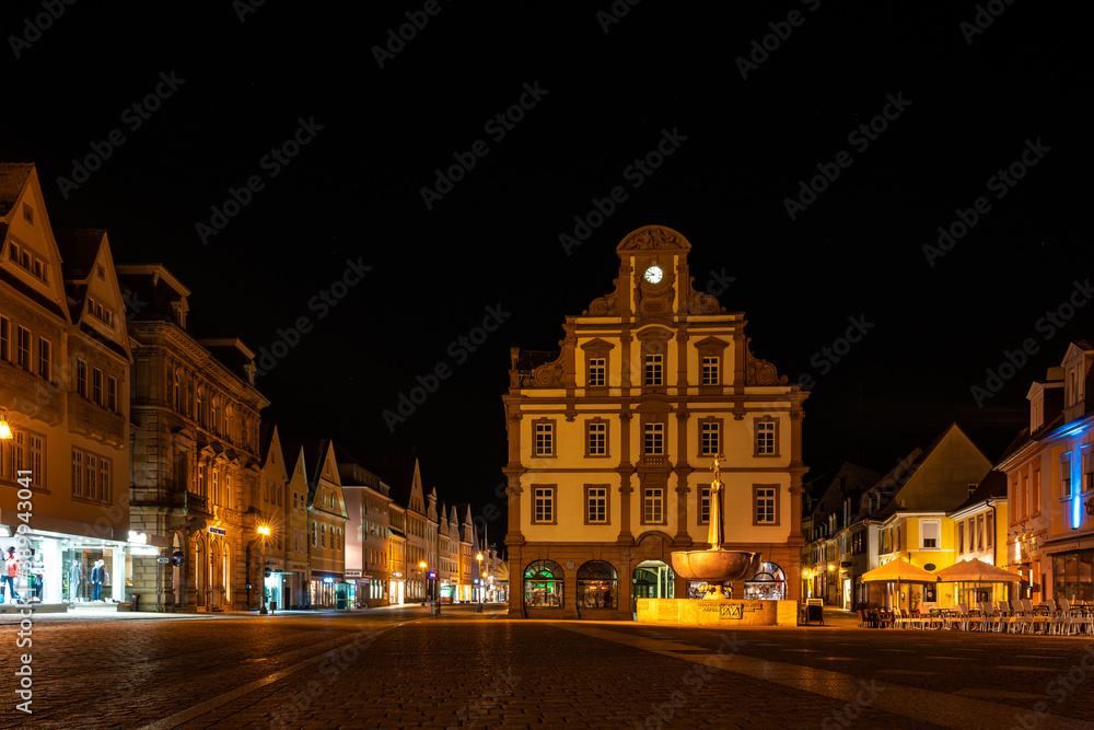 The facade of the Old Mint, Alte Muenze in Speyer in Germany at night