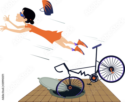 Cyclist woman falling down from the bicycle illustration. Cyclist young woman gets into a sewer manhole and falls down from the bicycle isolated on white
