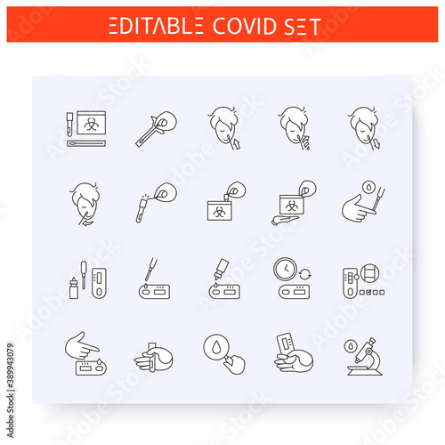 Covid19 testing line icons set.Rapid blood diagnostic and nasal swab test.Coronavirus home testing tutorial, step by step. Flu, covid diagnostics equipment.Isolated vector illustration.Editable stroke