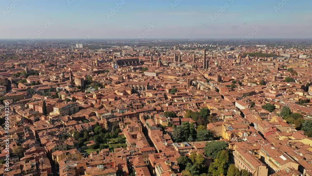 Bologna, Italy: Aerial view of historic center of city with iconic landmark Two Towers (Le due torri) - landscape panorama of Europe from above Bologna, Italy: Aerial view of historic center of city with iconic landmark Two Towers (Le due torri) - landscape panorama of Europe from above