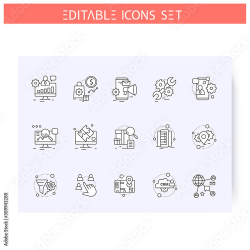 Types of CRM systems line icons set. Different crm services and duties. Automating workflow and business processes. Customer relationship management. Isolated vector illustration. Editable stroke 