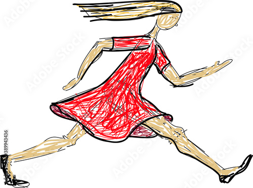 Vector graphics-imitation of a freehand drawing: running girl in red dress with flowing hair on white background isolated