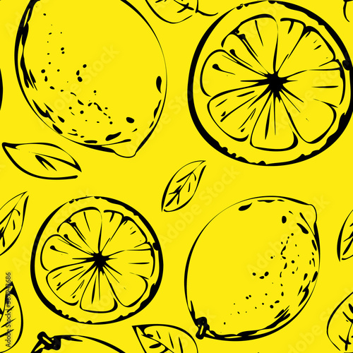 Seamless vector pattern of black lemon outline on yellow isolated background. For fabric, cover and background.
