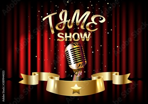 Gold retro microphone with text show time on red velvet curtains.