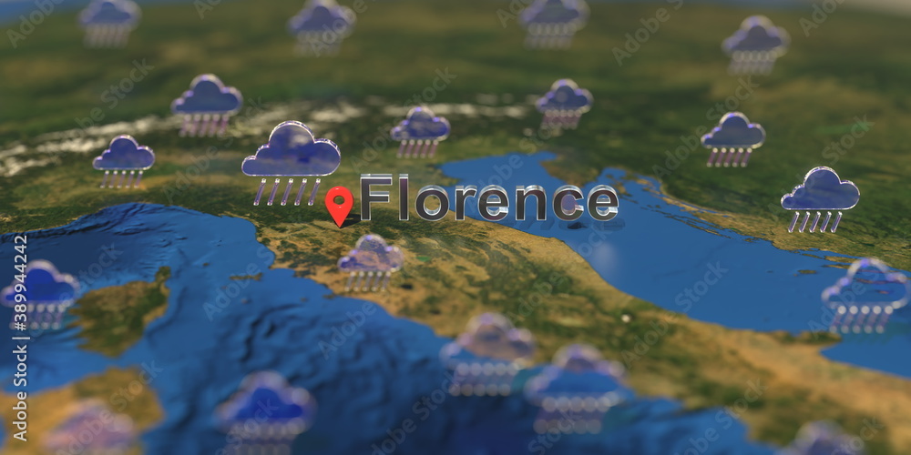 Rainy weather icons near Florence city on the map, weather forecast related 3D rendering Rainy weather icons near Florence city on the map, weather forecast related 3D rendering