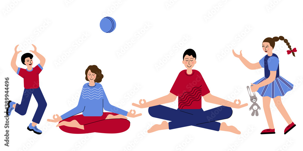 Parents are meditating at home while their kids are playing and are making noises. Parents are meditating at home while their kids are playing and are making noises.