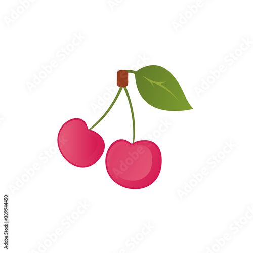 Vector Illustration of Two cherries with leaf on white background, flat style