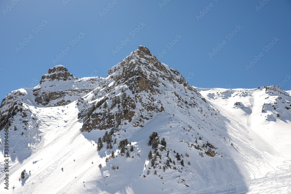 Risoul resort, French alps in winter, snowy mountains in France