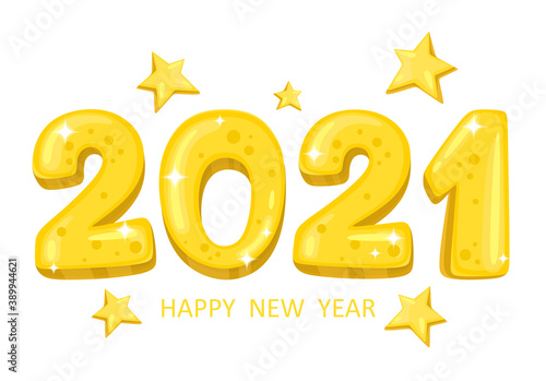 Happy New Year. Bright and voluminous numbers with shine and stars. Handwritten numbers 2021. Symbol. Vector illustration.