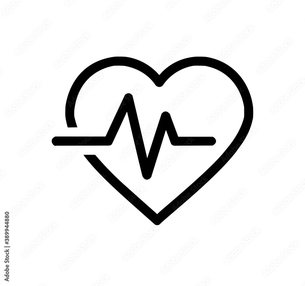 Black flat icon of heard with pulse on white background Black flat icon of heard with pulse on white background