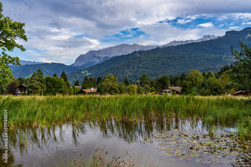 mountain view of the karwendel mountains with clouds in bavaria, germany