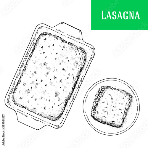 Lasagna sketch vector illustration. Italian cuisine. Lasagna dish. Hand drawn sketch illustration. Italian food. Top view.